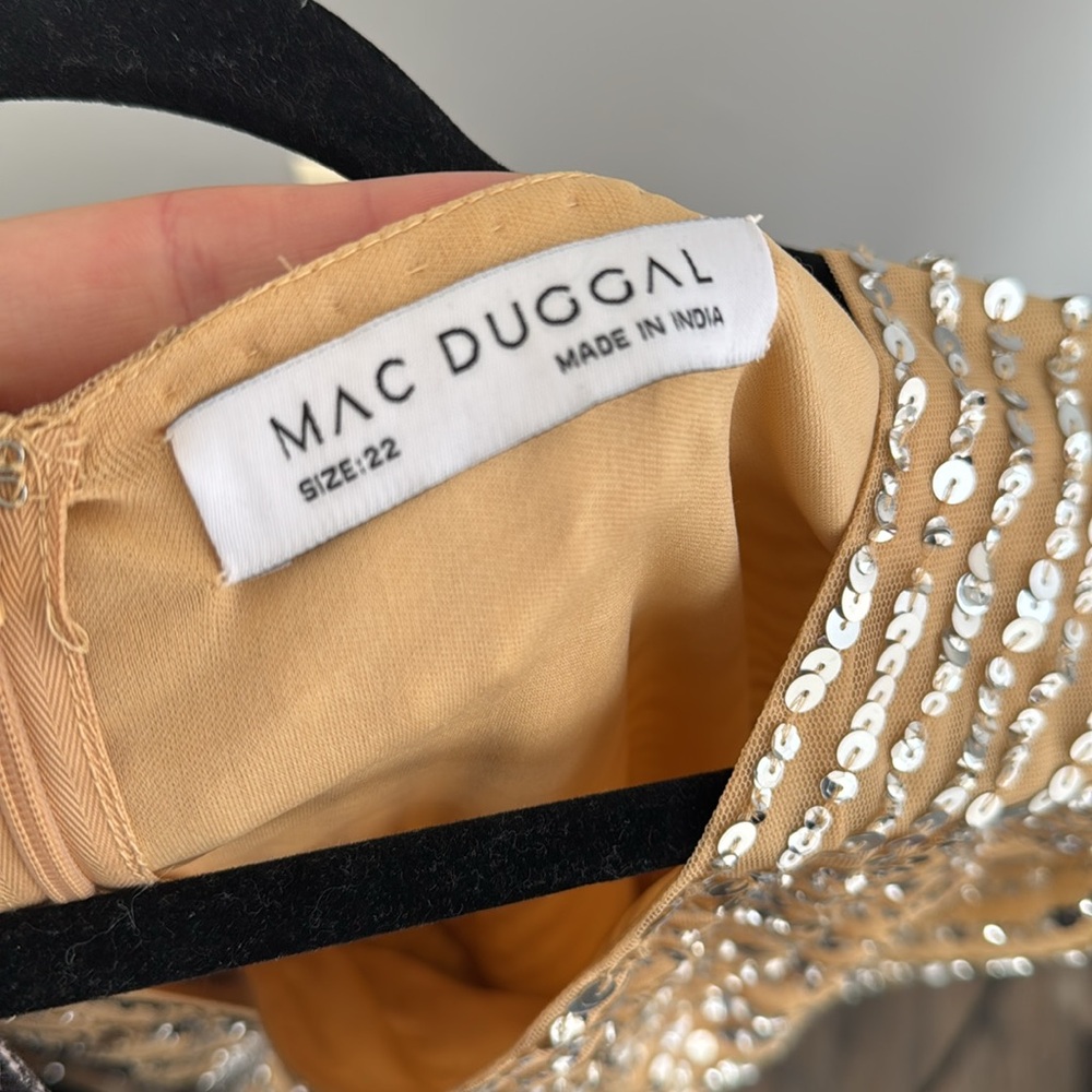 MAC DUGGAL 22 Beige Sequined Wrap Over Bishop Sleeve Gown - Picture 13 of 14